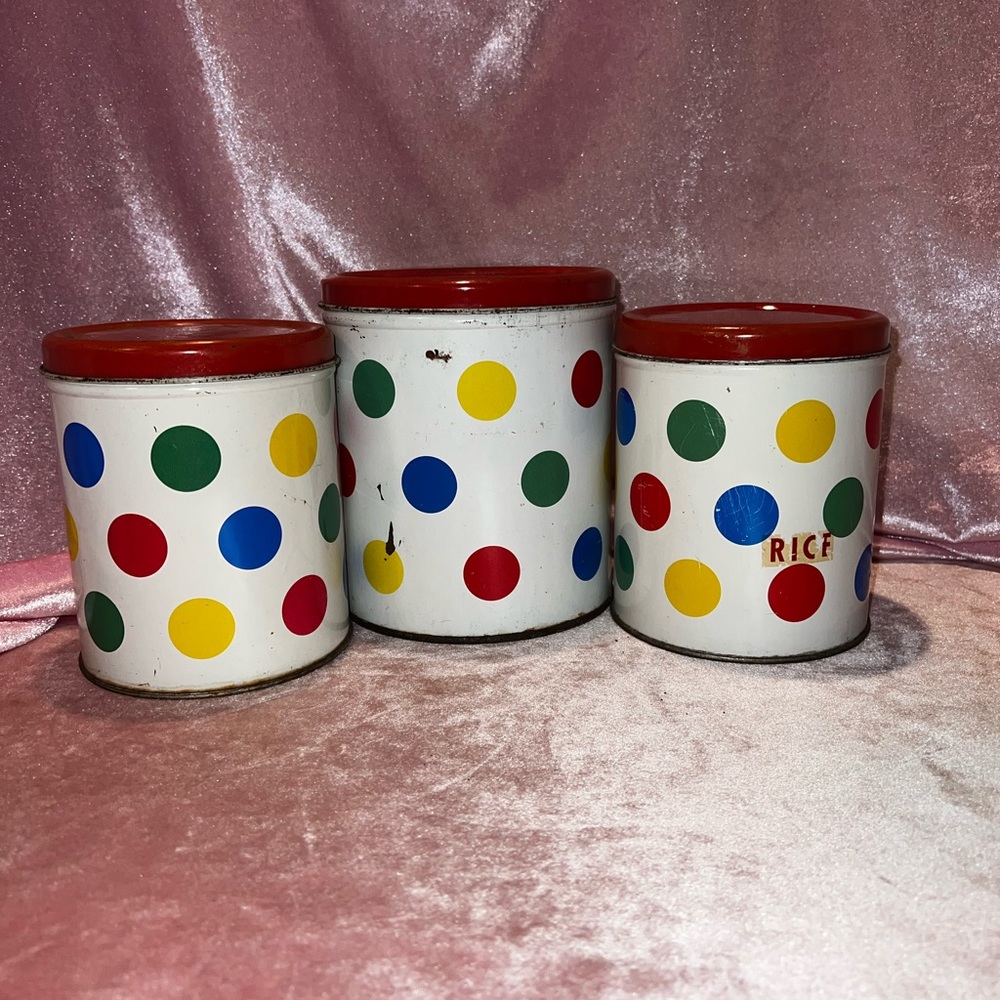 1950’s Decoware tin canister set. Primary color polka dots.